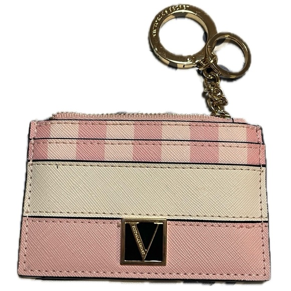 Victoria Secret V Logo Pink Striped Card Case w/Keyring - Picture 1 of 6